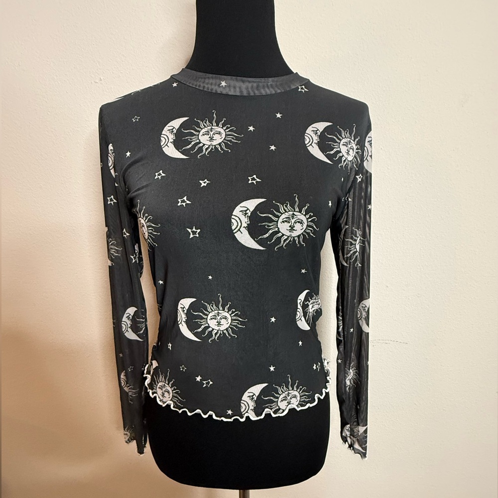 Sun and moon mesh top celestial long sleeve top